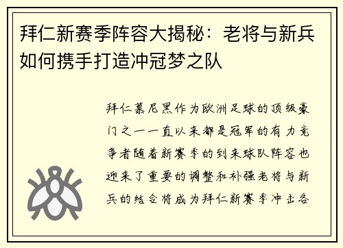 拜仁新赛季阵容大揭秘：老将与新兵如何携手打造冲冠梦之队